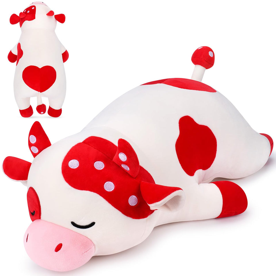 Auspicious Beginning 30'' Mushroom Cow plush, front view, a large cuddly companion for kids.
