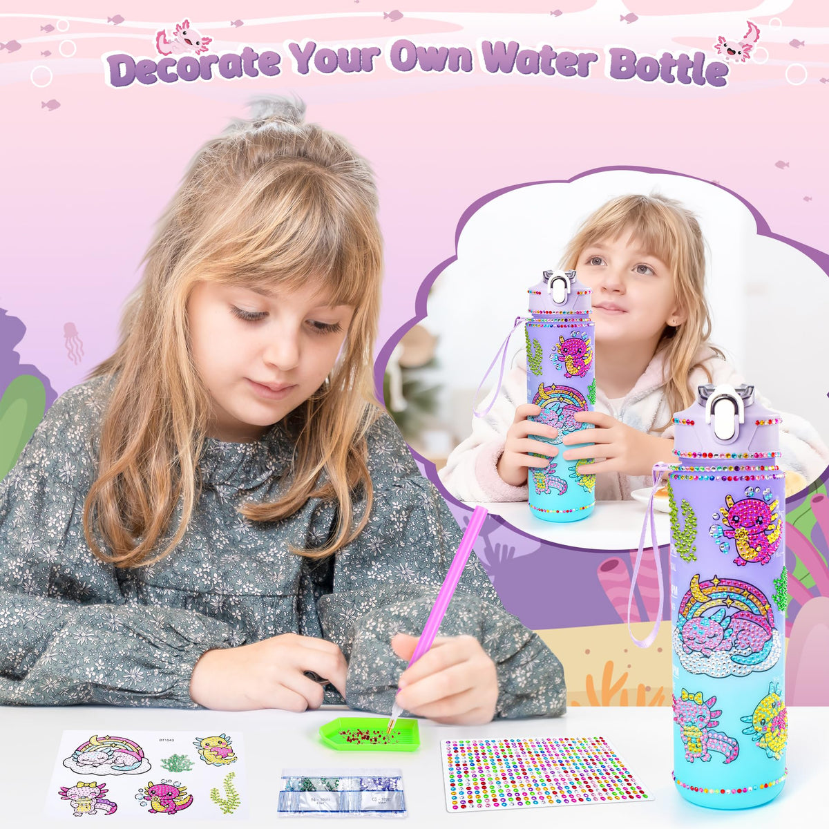 Auspicious Beginning axolotl water bottle ready for school