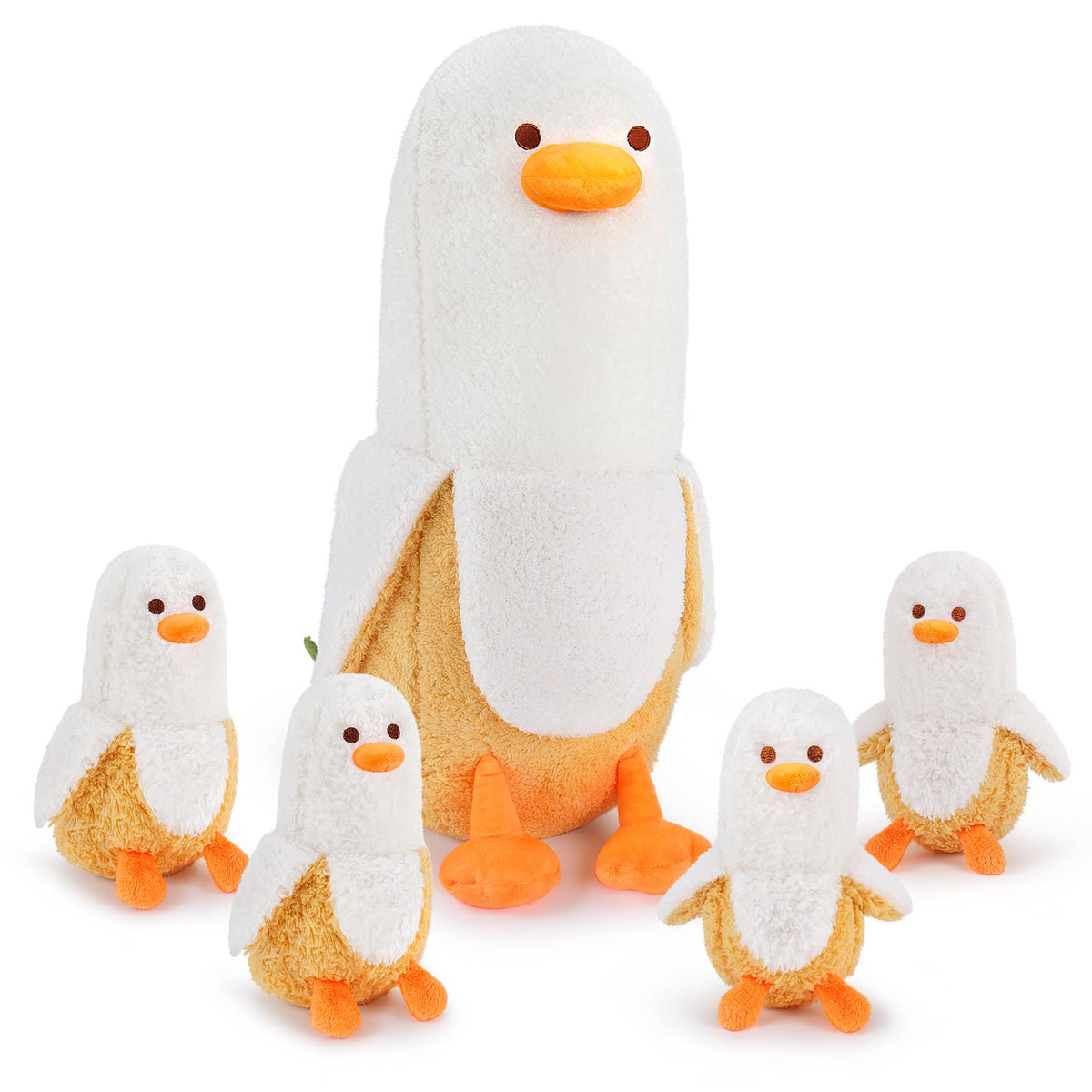 Auspicious Beginning banana duck mommy plush, 20-inch cuddle partner for kids and adults.