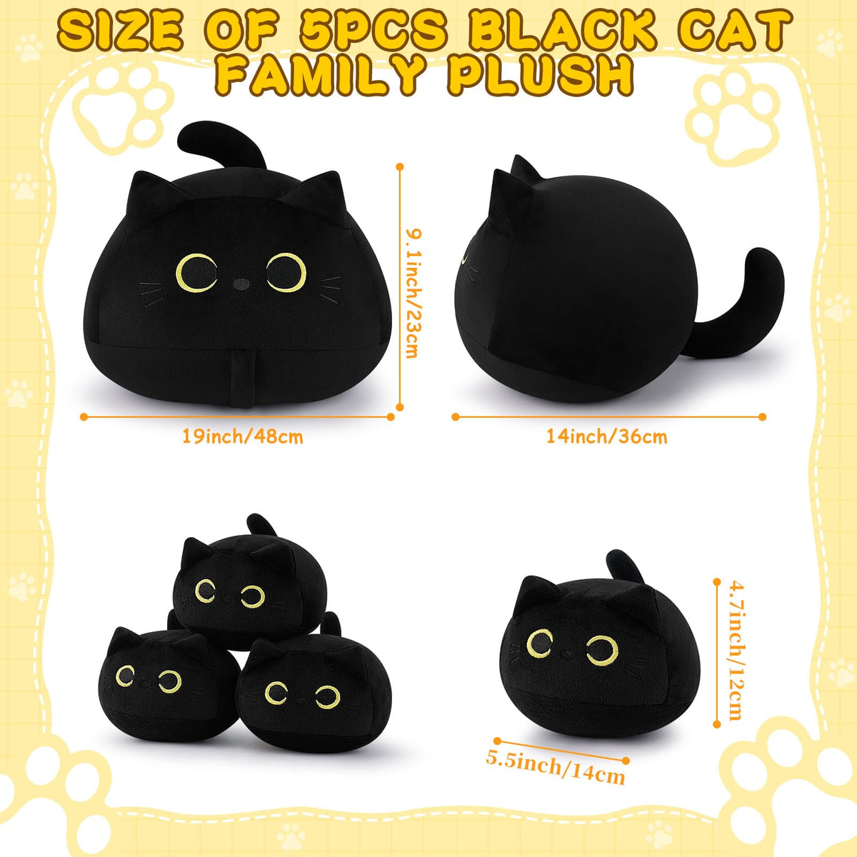 Auspicious Beginning black cat plush family with four kittens, ideal for kids' imaginative play.