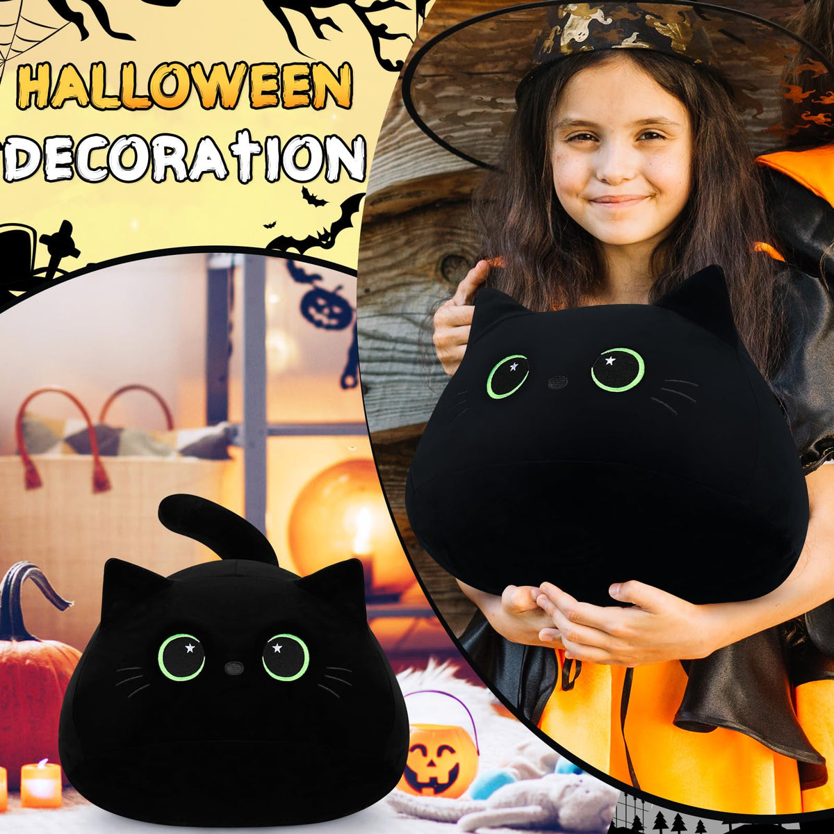 Auspicious Beginning black cat plush with green eyes enhances Halloween photos.