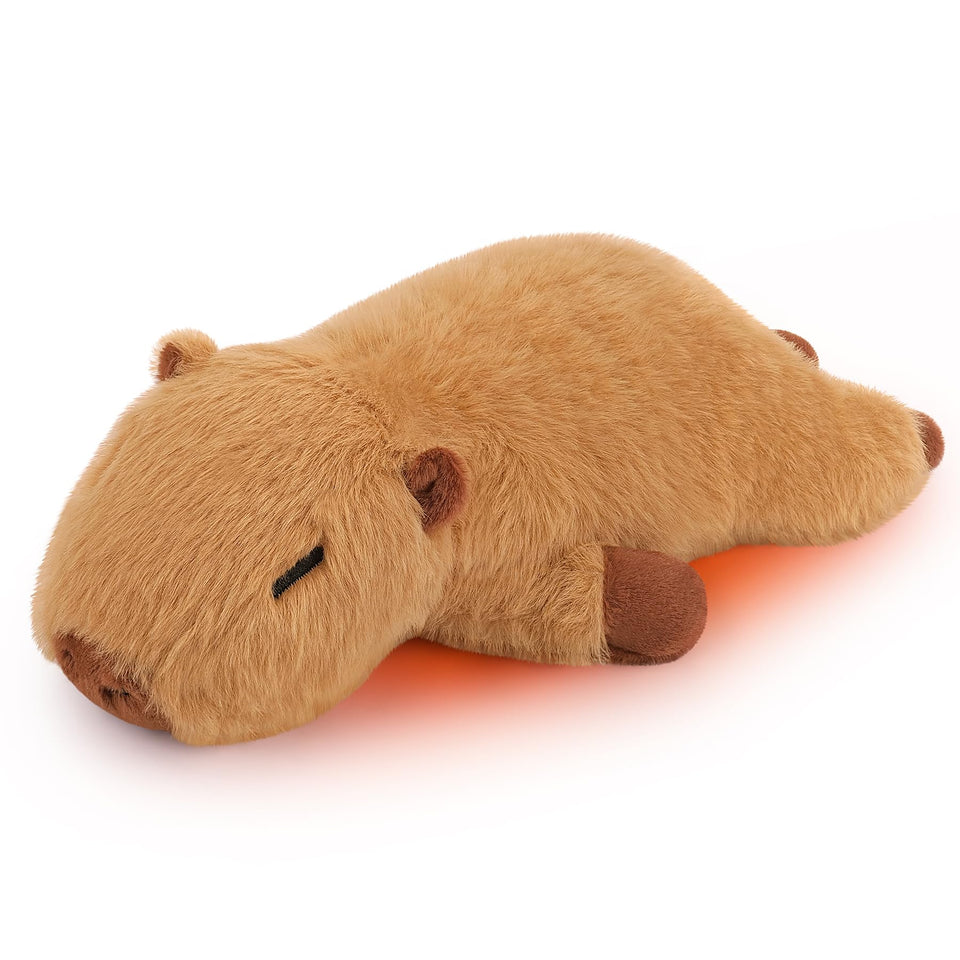 Auspicious Beginning Capybara heating pad warms in microwave for cozy relaxation.