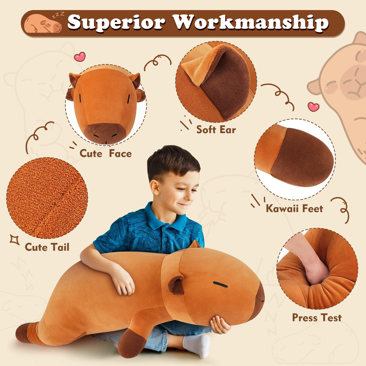 Auspicious Beginning capybara plush face with embroidered eyes and nose detail
