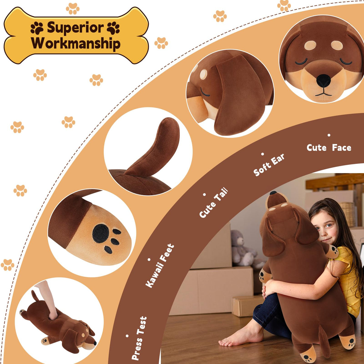 Auspicious Beginning dachshund plush pillow, adds gentle support for naps and relaxation.