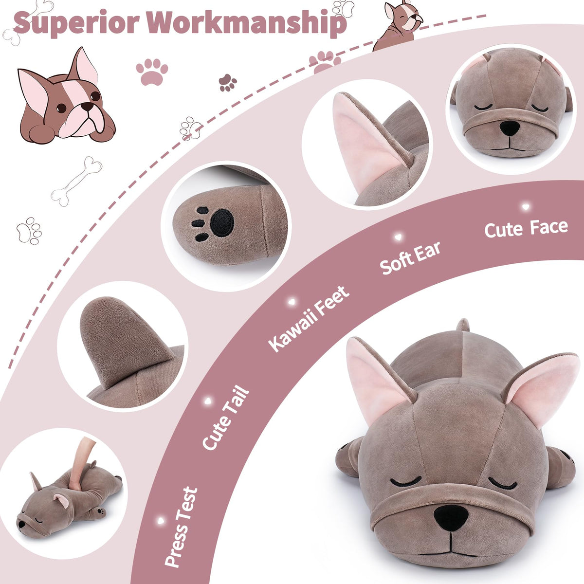 Durable stitching on Auspicious Beginning French Bulldog plush for lasting play.