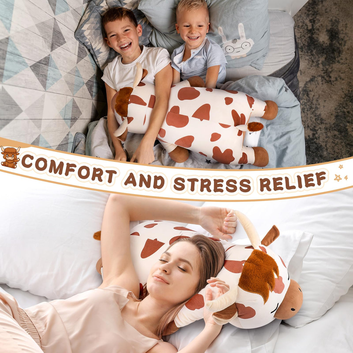 Auspicious Beginning Highland Cow plush in bedroom decor for cozy ambiance