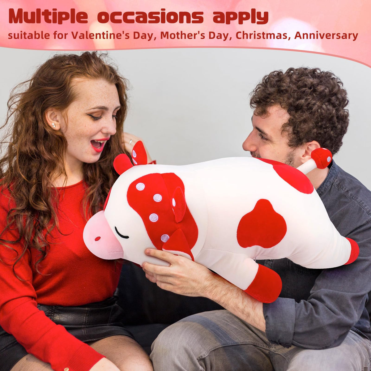 Auspicious Beginning Mushroom Cow plush, relaxed cuddling pose ready for hugs.