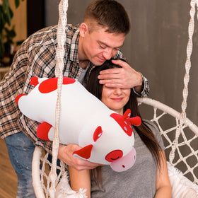 Auspicious Beginning Mushroom Cow plush, soft fabric closeup highlighting gentle touch.