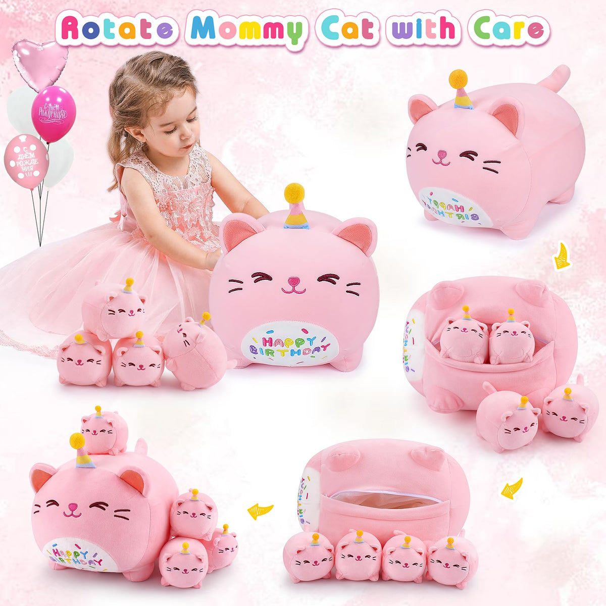 Auspicious Beginning pink birthday cat kitten plush for playtime fun