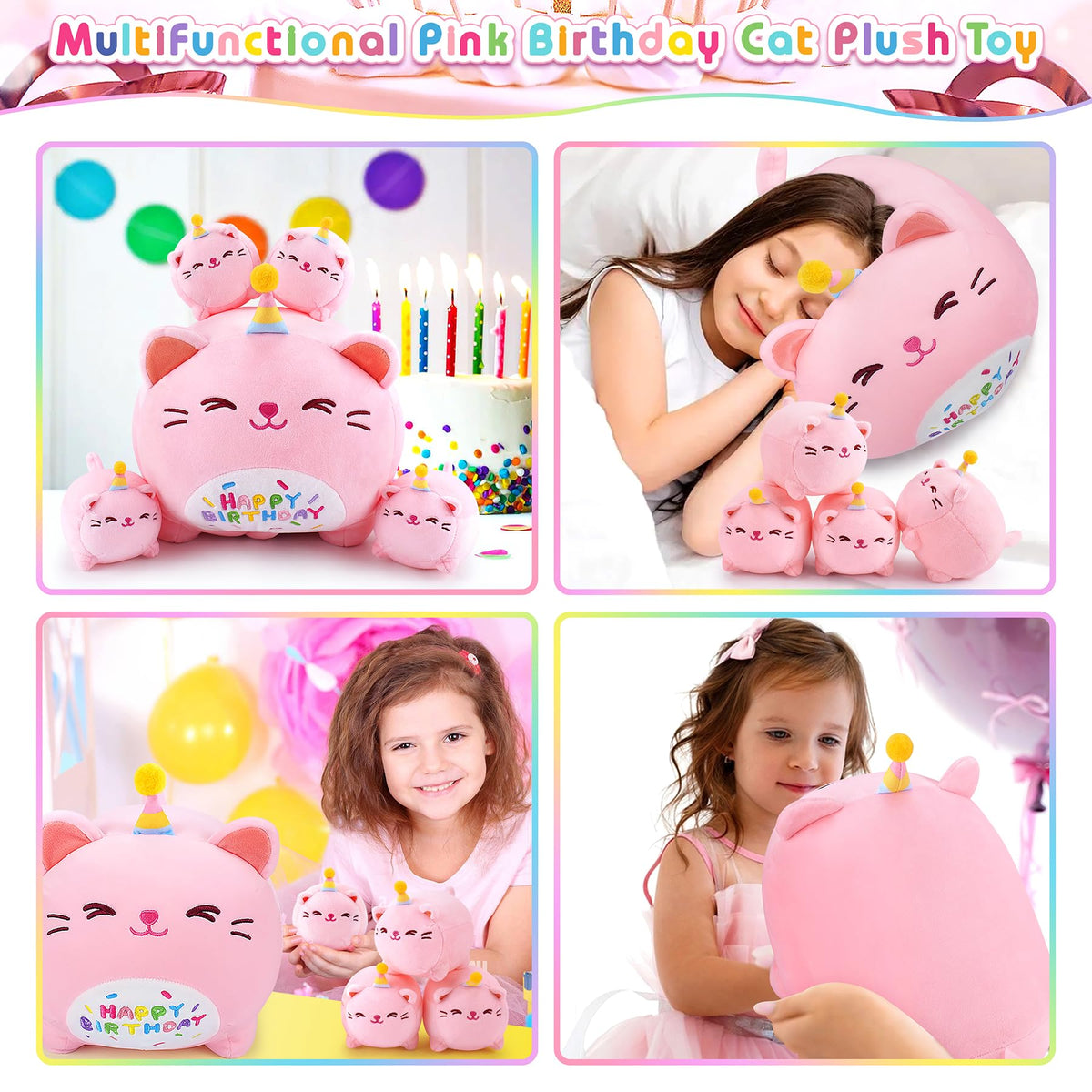 Auspicious Beginning pink birthday cat mommy side view plush for display