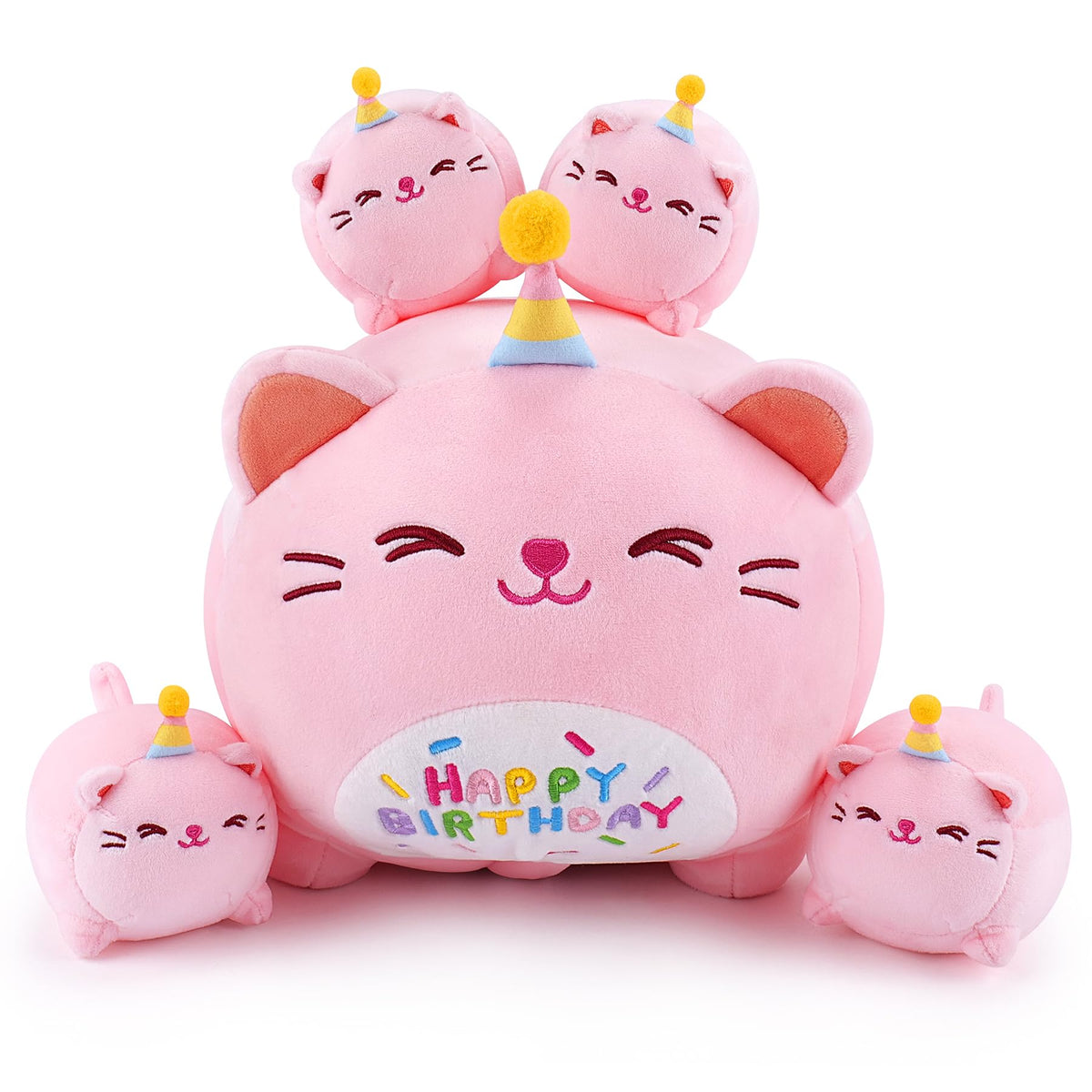 Auspicious Beginning pink birthday cat mommy with kittens plush for cozy hugs