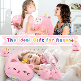 Auspicious Beginning pink birthday cat plush close-up showing soft fabric