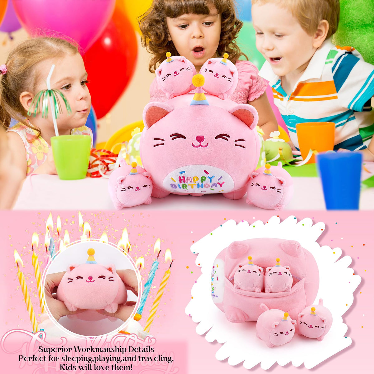 Auspicious Beginning pink birthday cat plush in bedroom scene