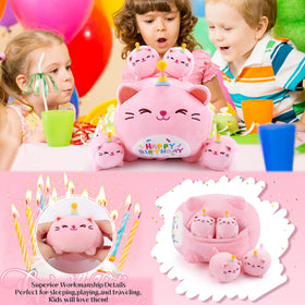 Auspicious Beginning pink birthday cat plush in bedroom scene