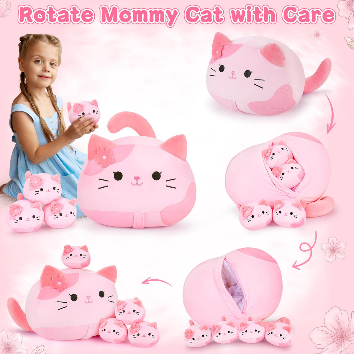 Auspicious Beginning pink Sakura cat family closeup highlights the zipper reveal.