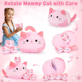 Auspicious Beginning pink Sakura cat family closeup highlights the zipper reveal.