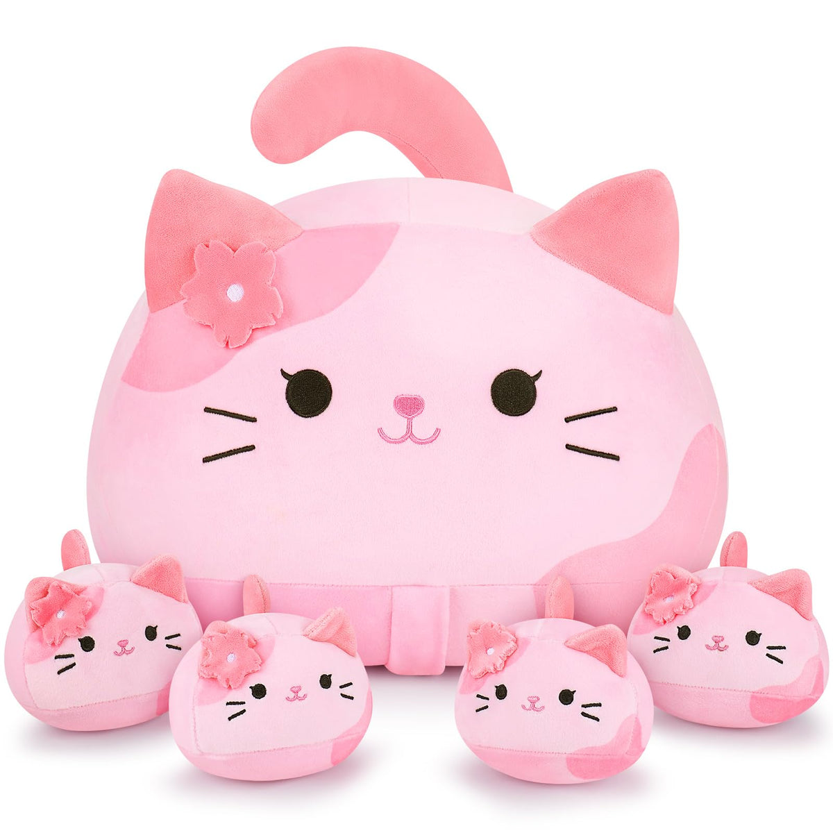 Auspicious Beginning pink Sakura cat mommy ready for cuddles and bedtime comfort.
