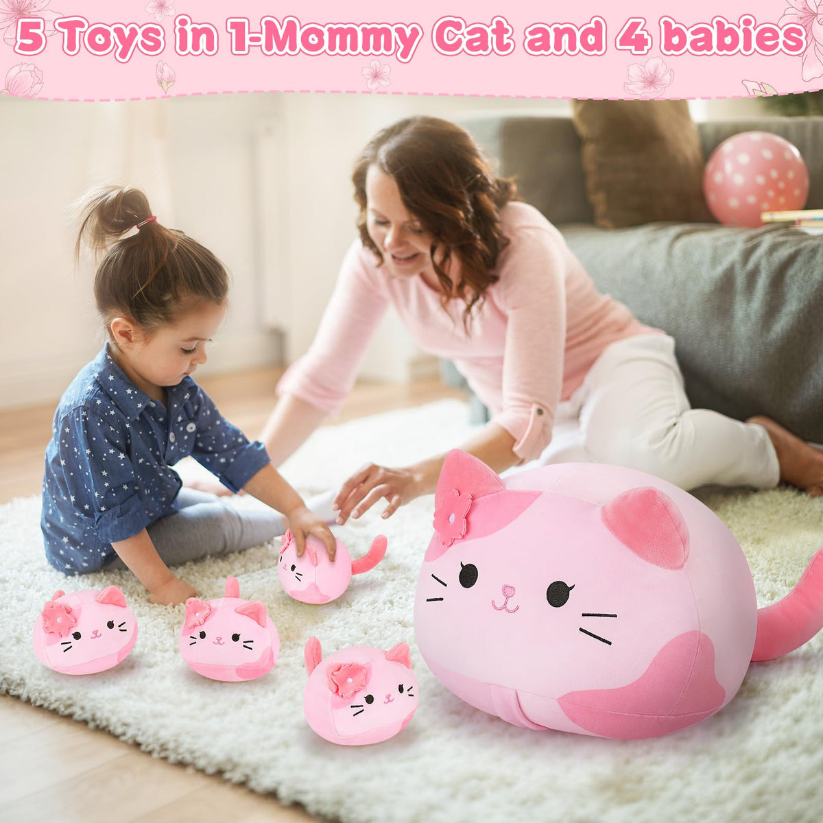Auspicious Beginning pink Sakura cat plush 19-inch size for big hugs.