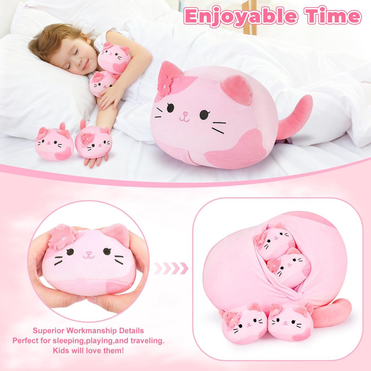 Auspicious Beginning pink Sakura cat pillow support for cozy naps.
