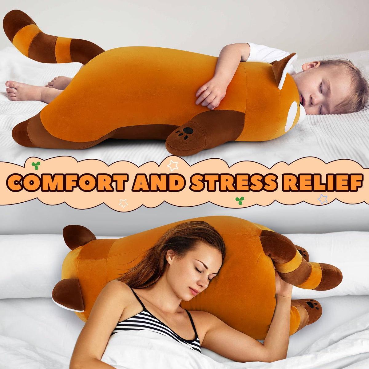 Auspicious Beginning red panda plush in living room as cute decor centerpiece.