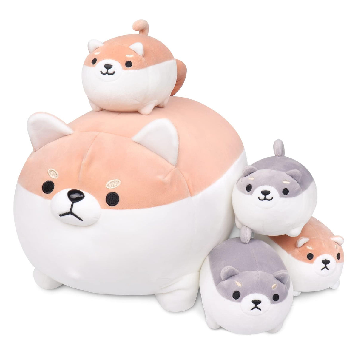 Auspicious Beginning Shiba Inu mom plush with puppies for cozy playtime.