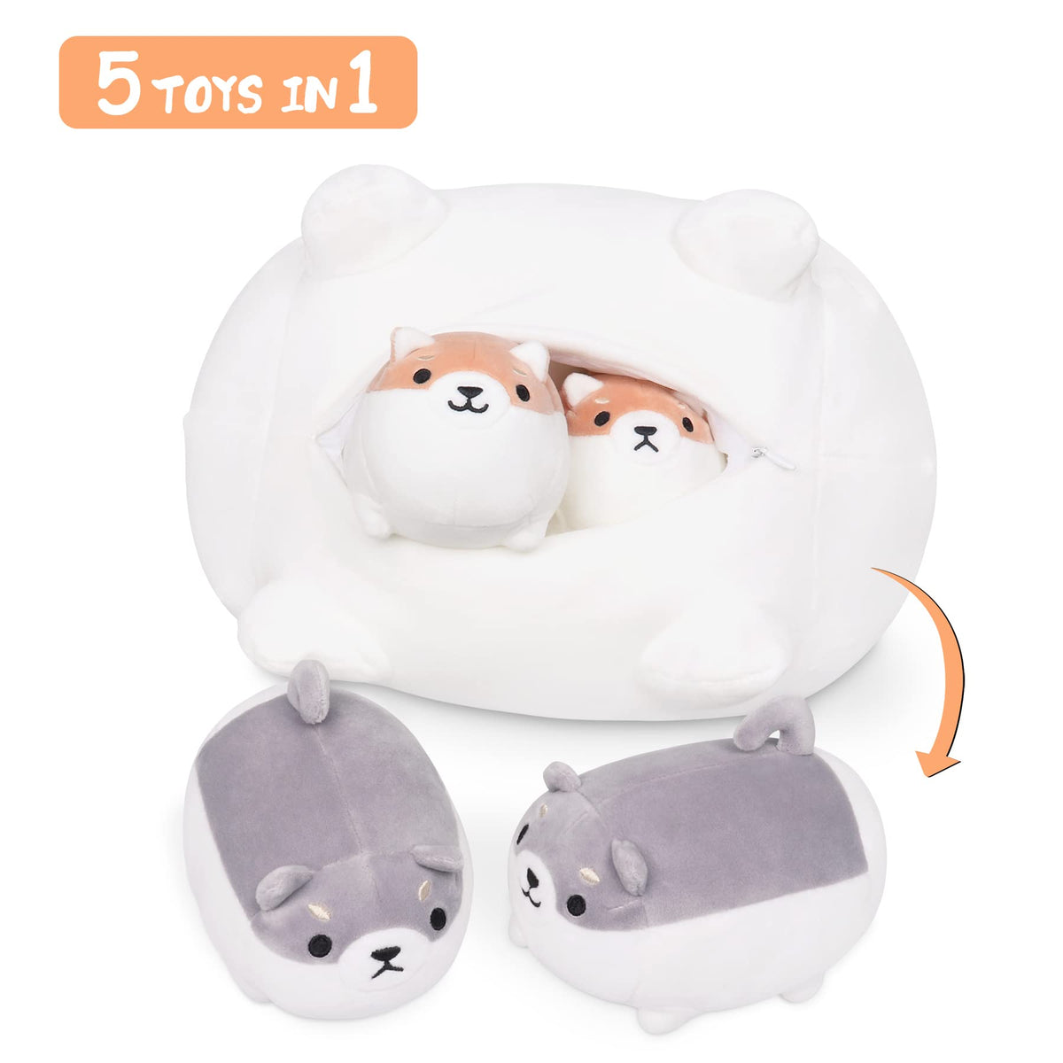 Auspicious Beginning Shiba Inu gray puppy plush for gentle hugs and stories.