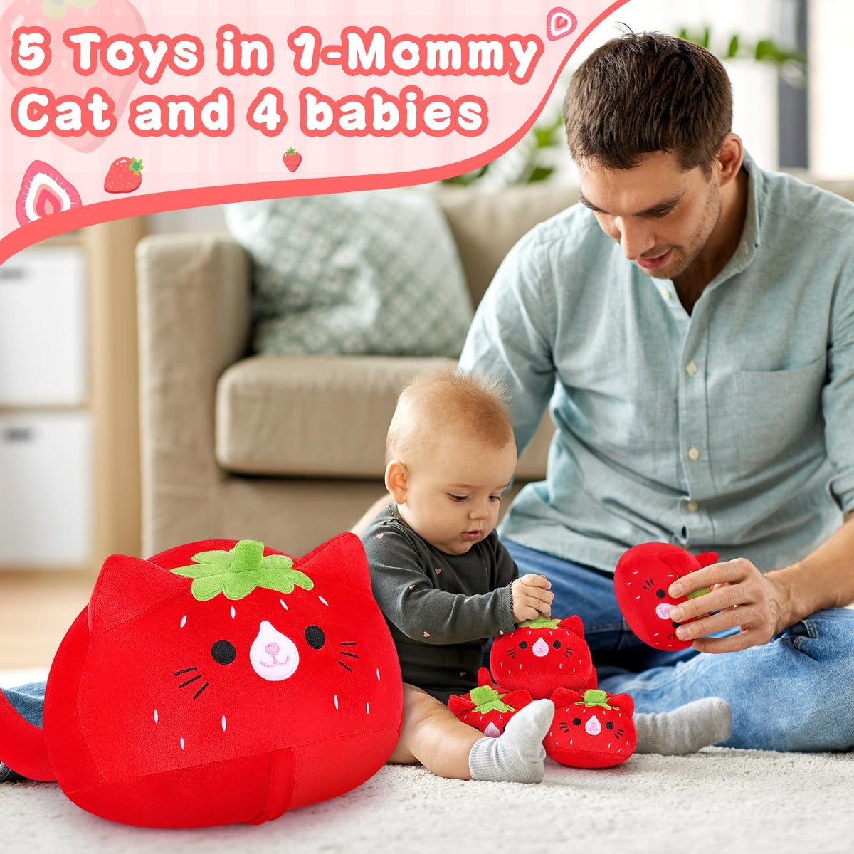 Auspicious Beginning Strawberry Cat Baby Kitten 3 plush, cheerful pose boosts imaginative play.