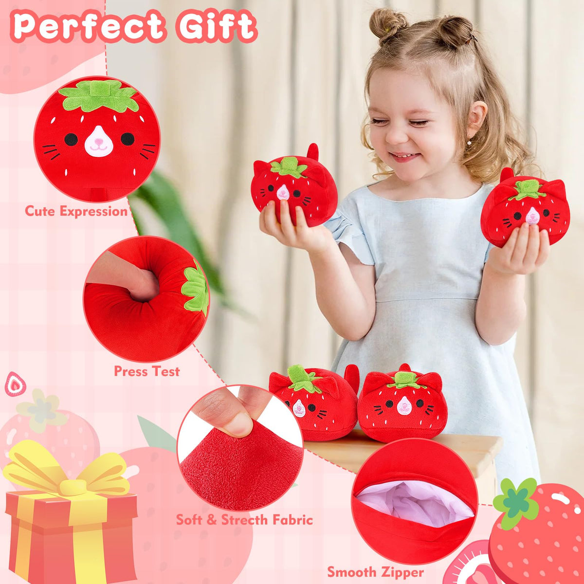Auspicious Beginning Strawberry Cat Plush shown in bedroom decor for cozy ambience.