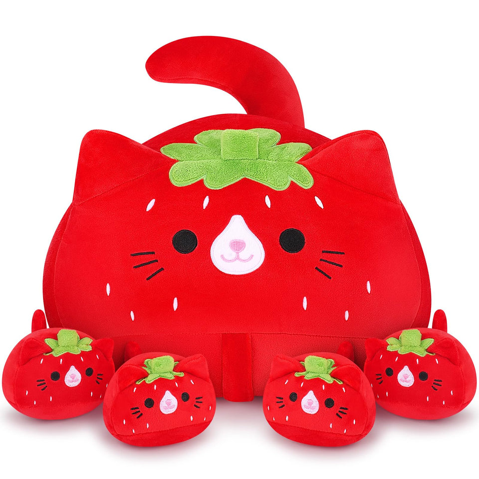 Auspicious Beginning Strawberry Cat Mommy plush, 19-inch cuddle buddy for kids and adults.