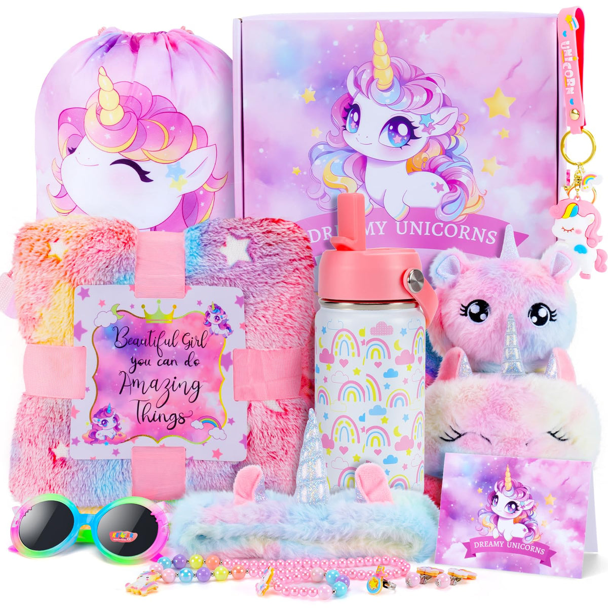Auspicious Beginning tie-dye unicorn glowing blanket glows softly for cozy nights