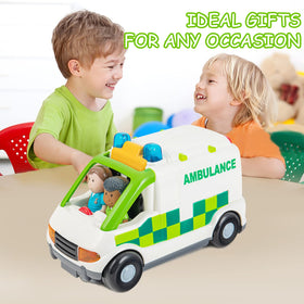 Auspint ambulance toy includes battery power for lights and sounds.