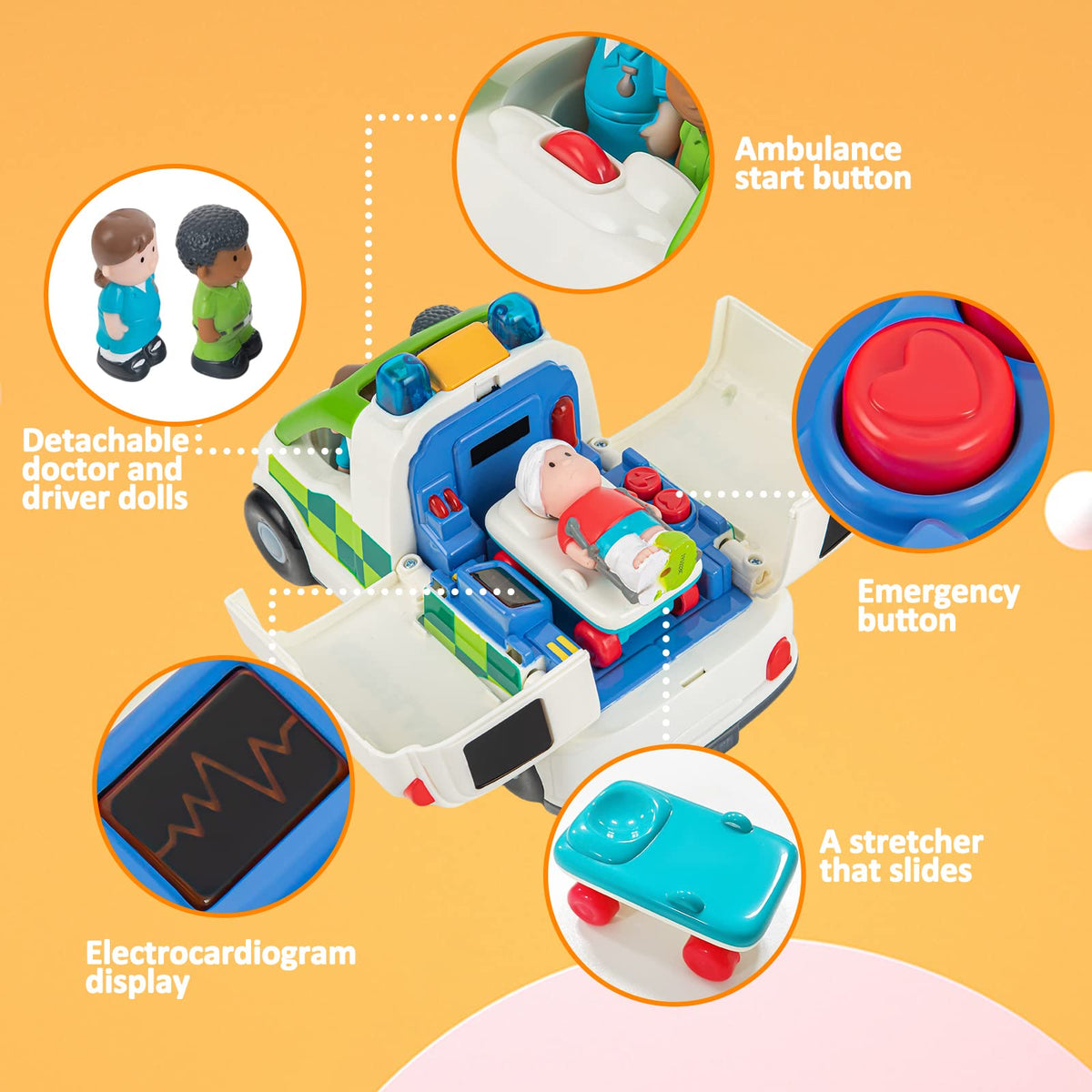 Auspint ambulance toy features doctor and driver figures for interactive storytelling.