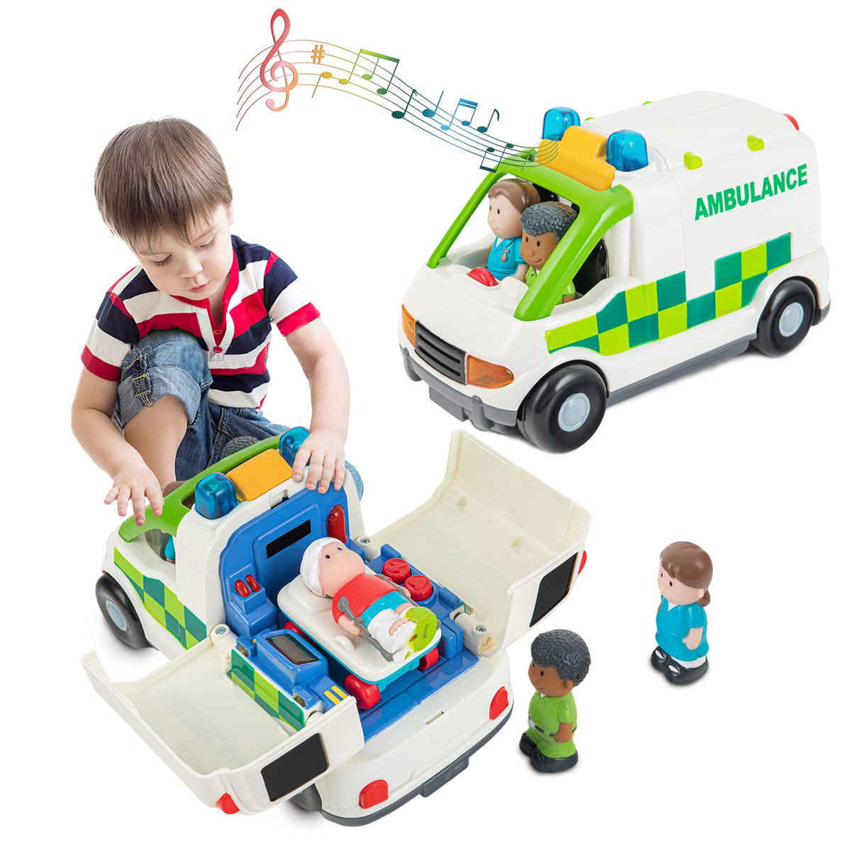 Auspint ambulance toy with lights and sounds enhances pretend play for toddlers.