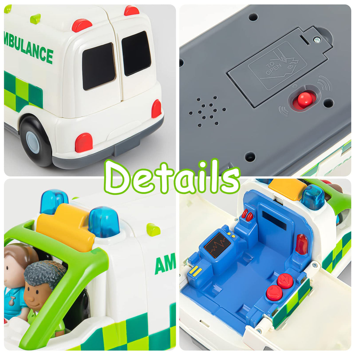 Auspint ambulance toy patient on board aids medical-themed play scenarios.