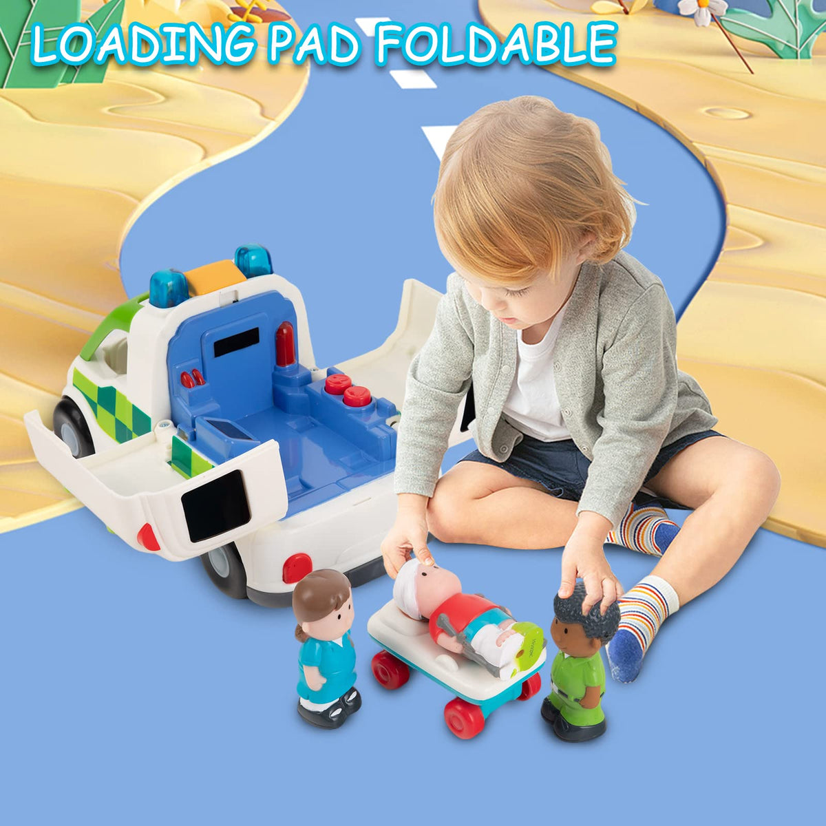 Auspint ambulance toy interior stretcher supports caring role-play experiences.