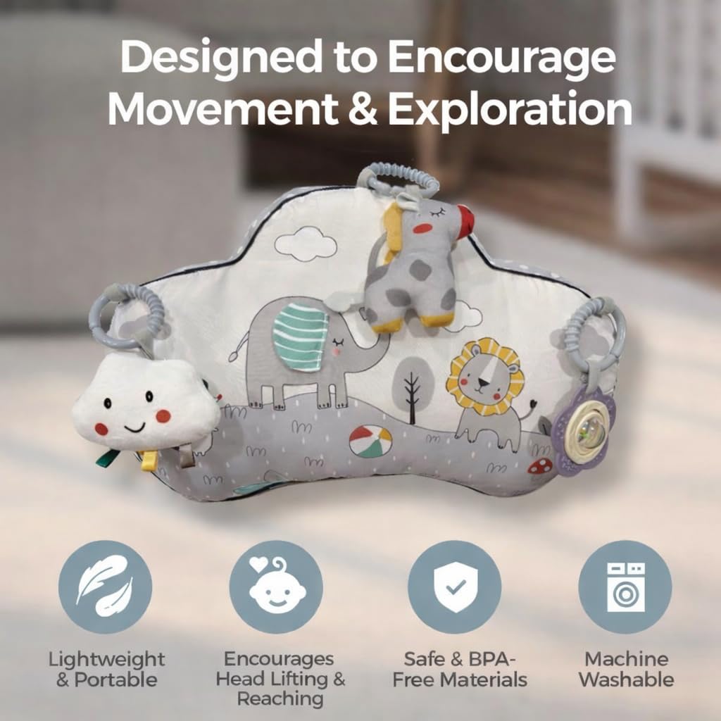 Detachable rattle toy on Autumn Bliss Co pillow promotes auditory exploration