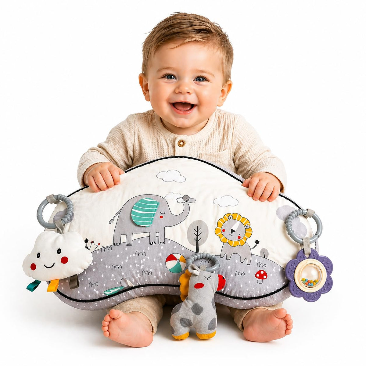 Autumn Bliss Co tummy time pillow with infant friendly design and detachable toys for exploration