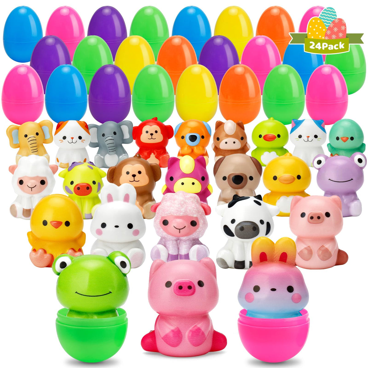 AUUGUU 24-pack Easter eggs with squishy animal toys for kids' egg hunts.