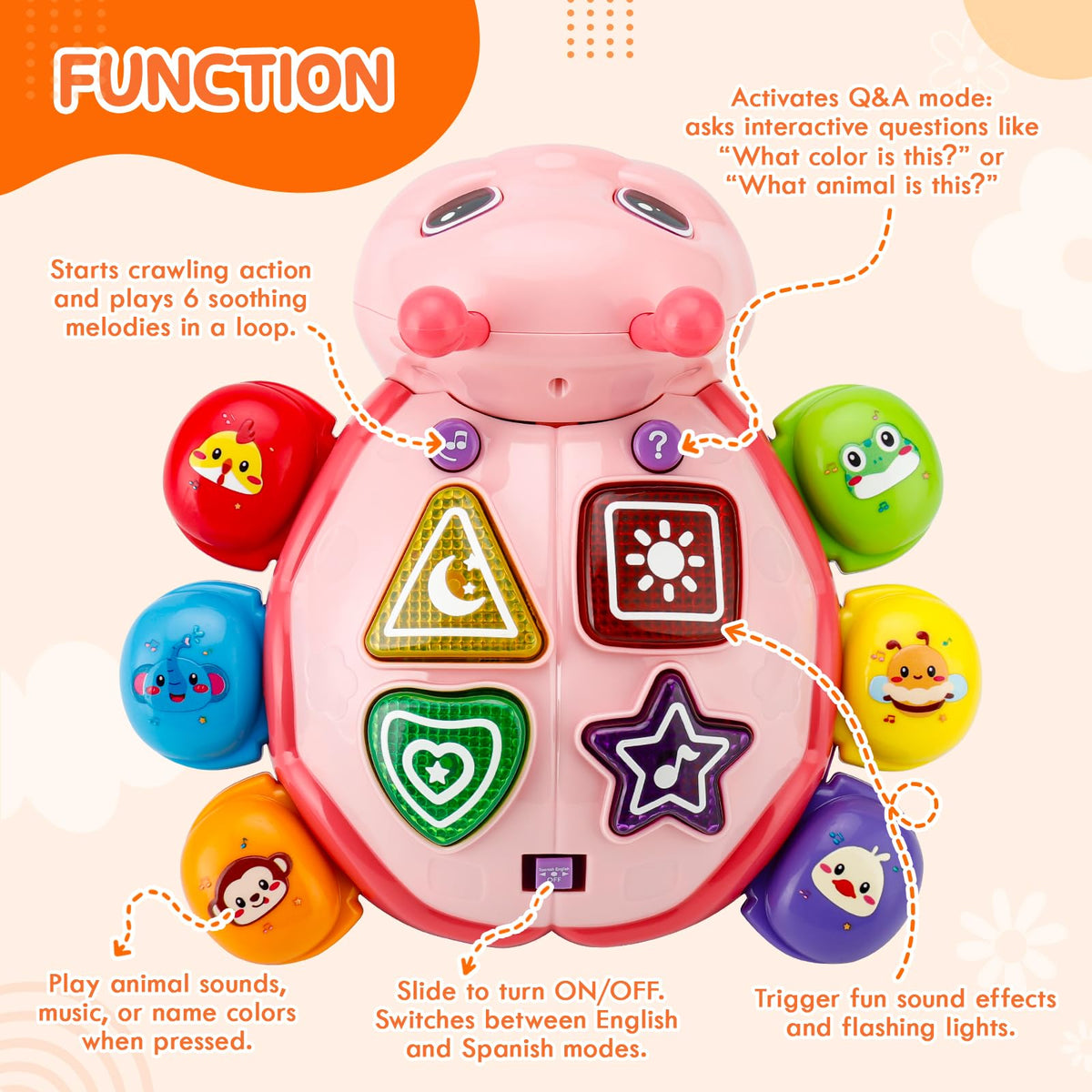 AUUGUU baby toy obstacle sensors show safe, guided crawling with smart direction changes.