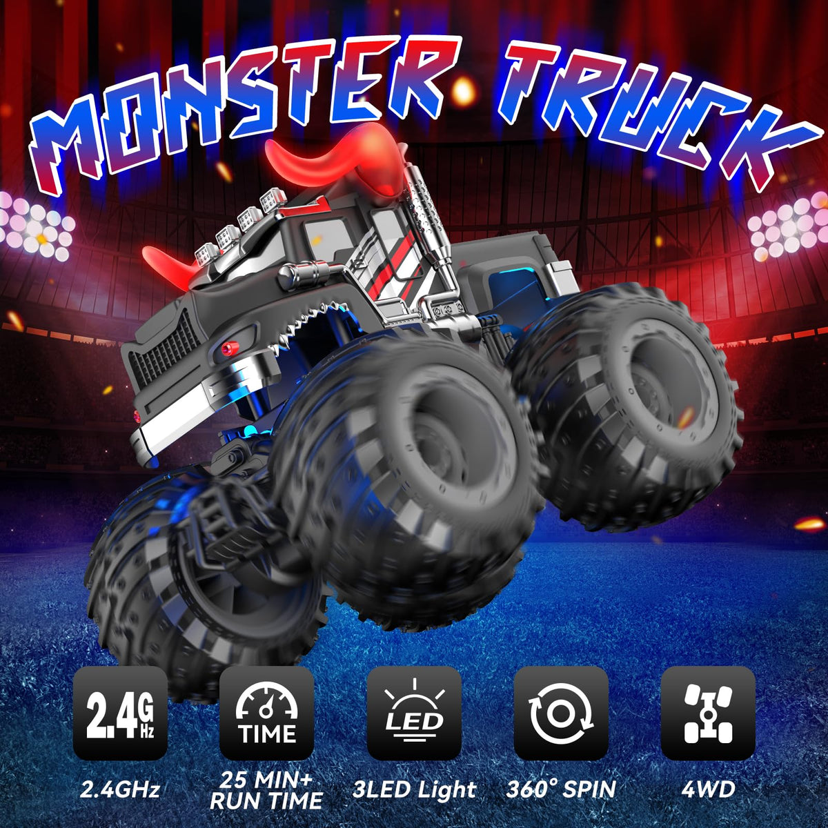 AUUGUU Bull RC monster truck with light spray showcases rocket-like boosters for imaginative play.