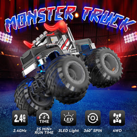 AUUGUU Bull RC monster truck with light spray showcases rocket-like boosters for imaginative play.