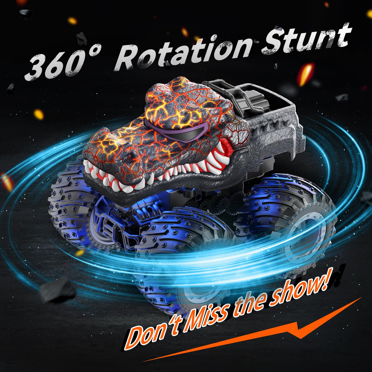 AUUGUU Crocodile RC Monster Truck with light spray effect at dusk.