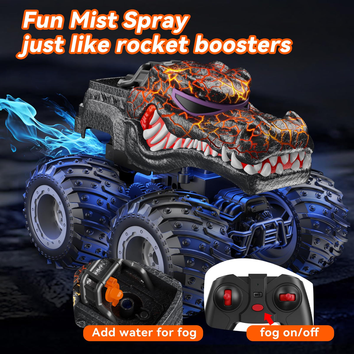 AUUGUU Crocodile RC Monster Truck on grass showing flexible tires for all terrains.