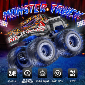AUUGUU Crocodile RC Monster Truck rear view during outdoor race.