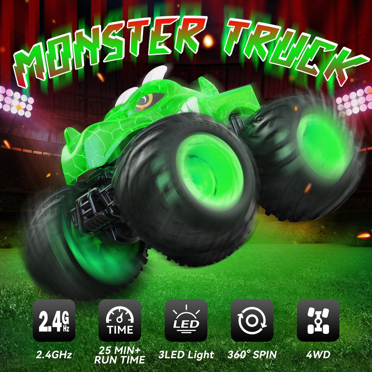 AUUGUU RC monster truck with sprayer and LED lights for action-packed play