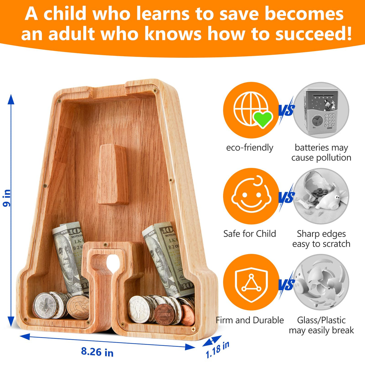 Auvce piggy bank with crystal-clear acrylic panel for visual progress