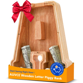 Auvce wooden initial piggy bank front view showing large storage for savings