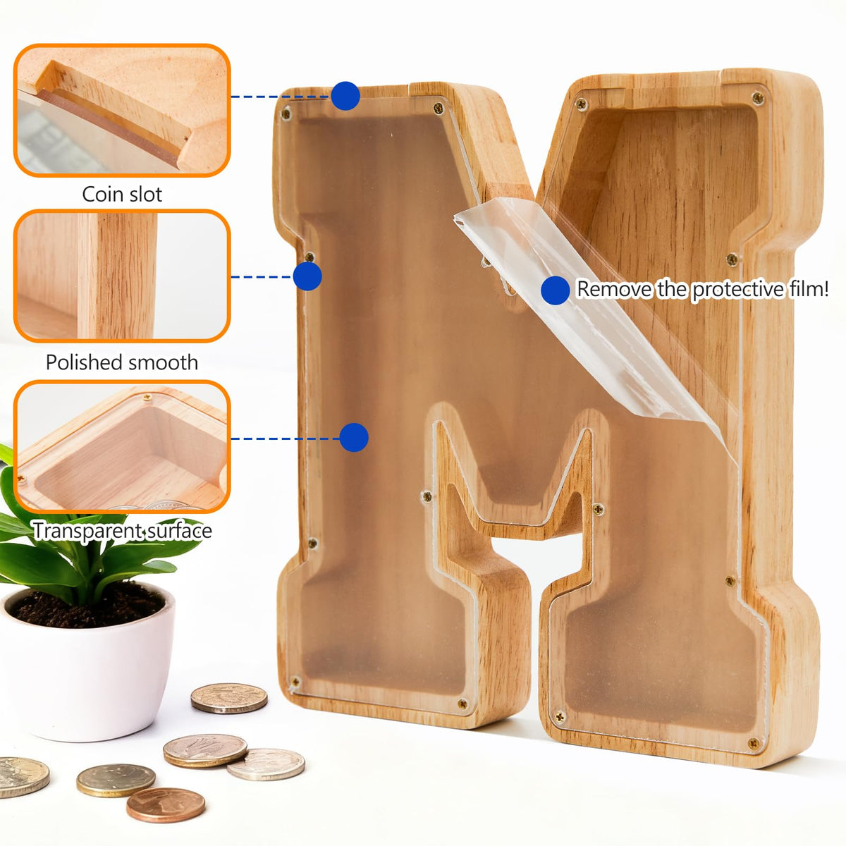 Auvce piggy bank side view highlighting solid wood and smooth finish
