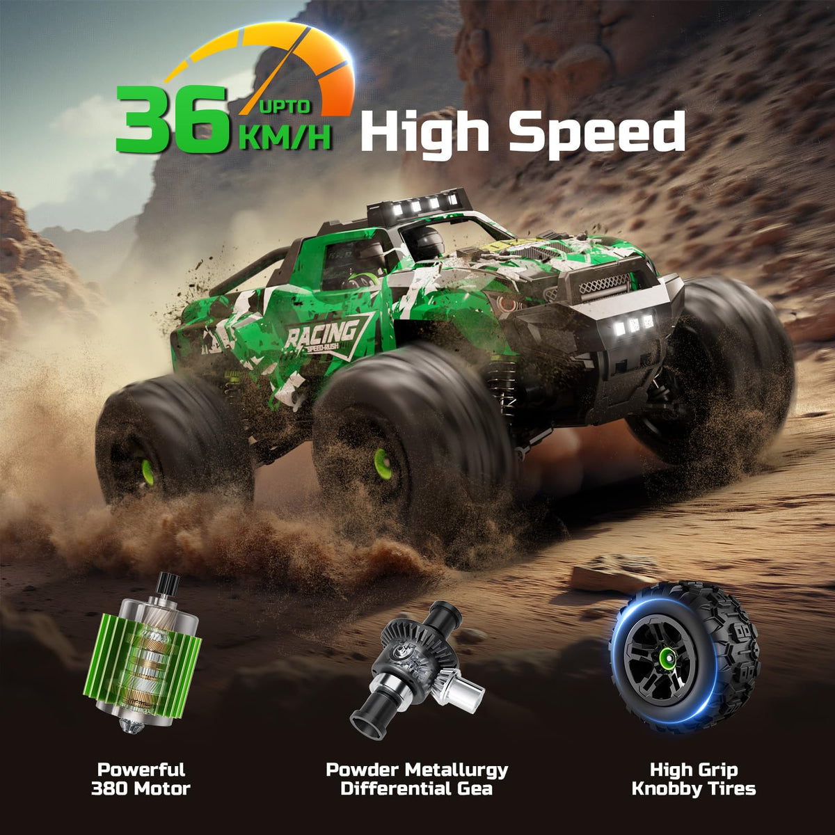 AUYRZ 36KMH 1:18 RC truck side view highlights agile steering.