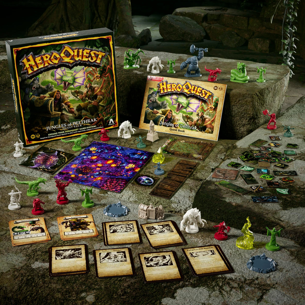 Avalon Hill HeroQuest Jungles Delthrak board pieces support modular dungeon layouts.
